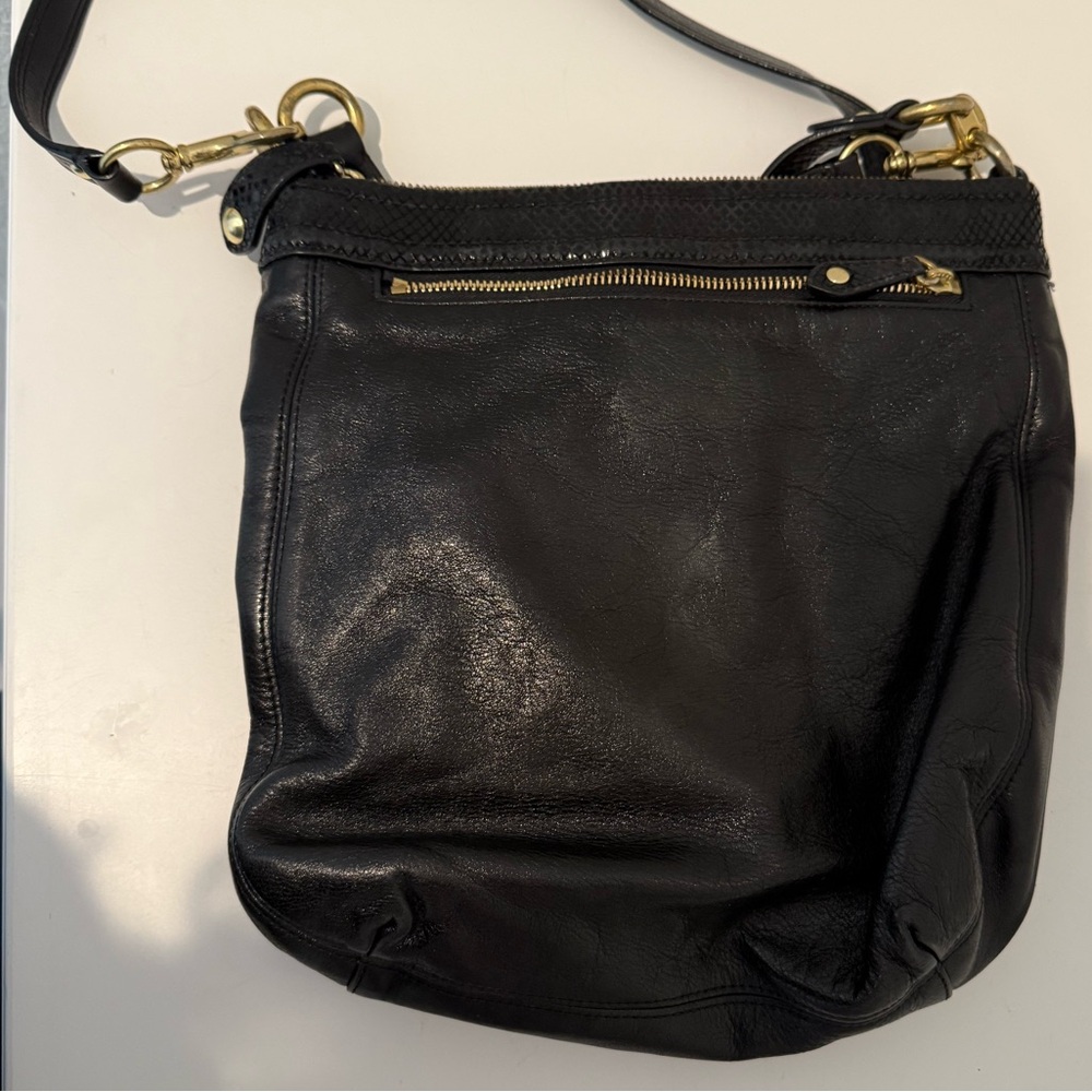 COACH Ashley Hippie Crossbody Satchel Black Leather and Snake Print Trim - Picture 6 of 11